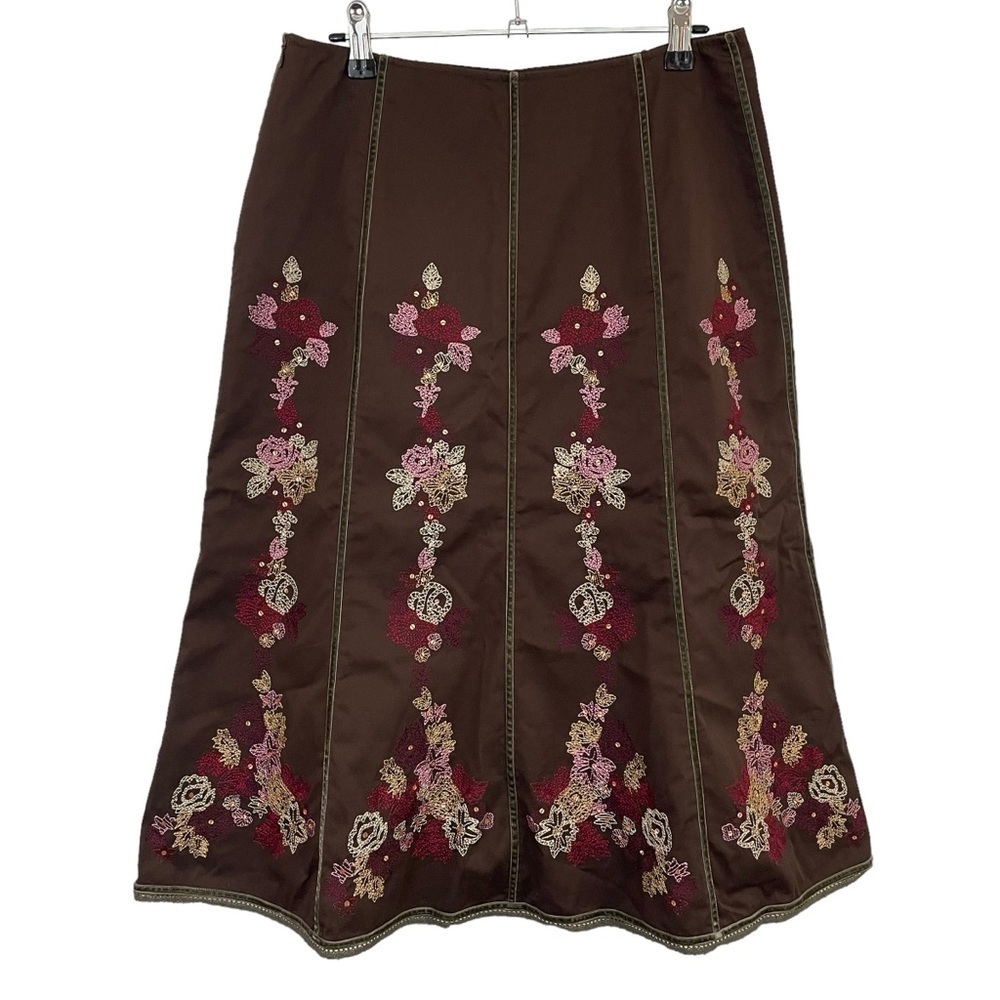 Think Tank Embroidered Floral Midi Skirt Sz 8 Brown Pink A-Line Pleated Pretty